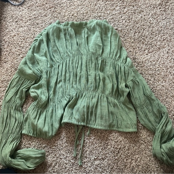 MINKPINK Elizabeth gathered sage Green Tie Front Blouse - Picture 6 of 6